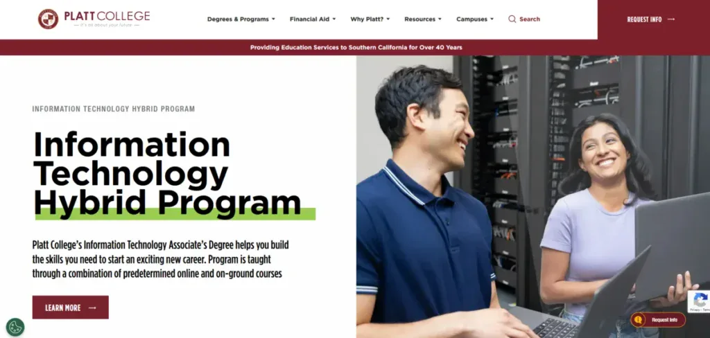 Platt College business page using a CTA to entice visitors to learn more and enroll.