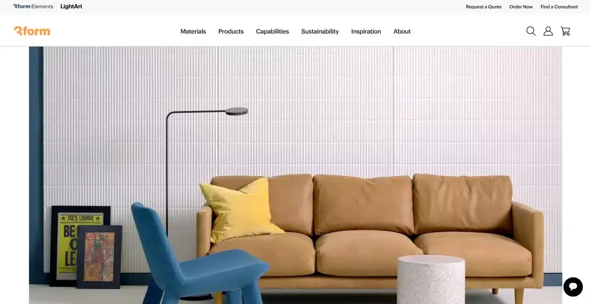 3form B2B website showing some of their products in a hero banner