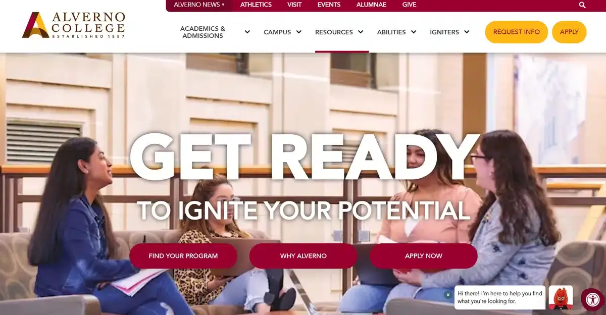 Alverno's college website showing students resting and chatting
