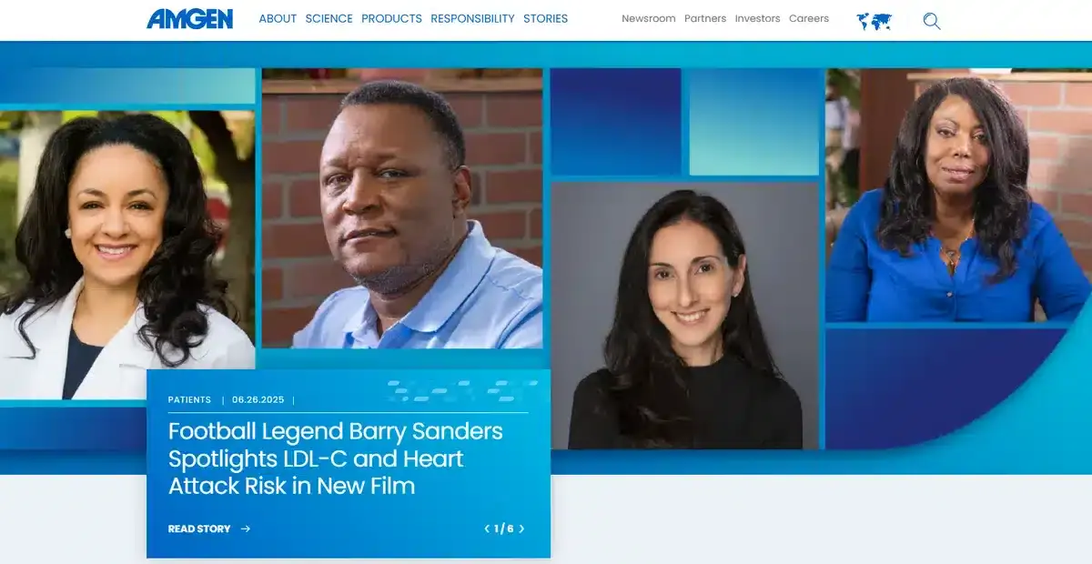 Amgen business website showcasing their latest news and achievements in the biotech space.