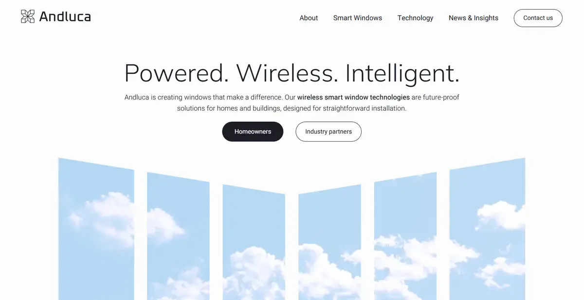 Andluca's business website showing a moving illustration of windows with clouds in the background