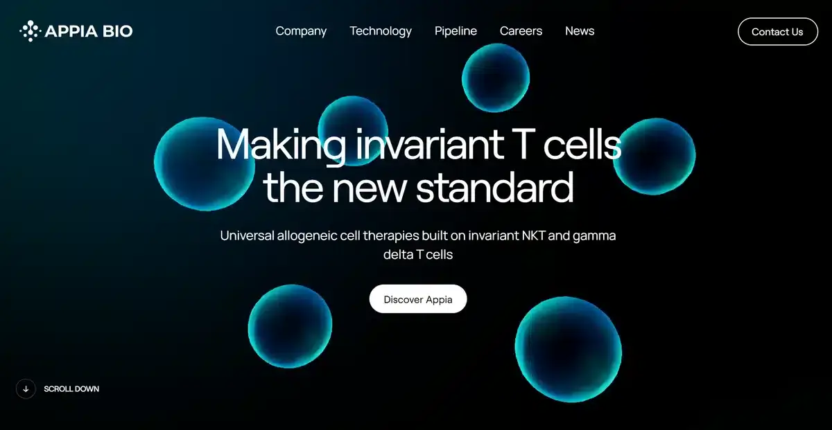 Appia Bio's busienss website prompting visitors to scroll to learn more about them