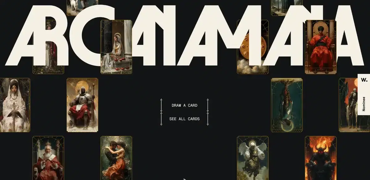 Arcanamana's business website with a bold typography and some custom made cards