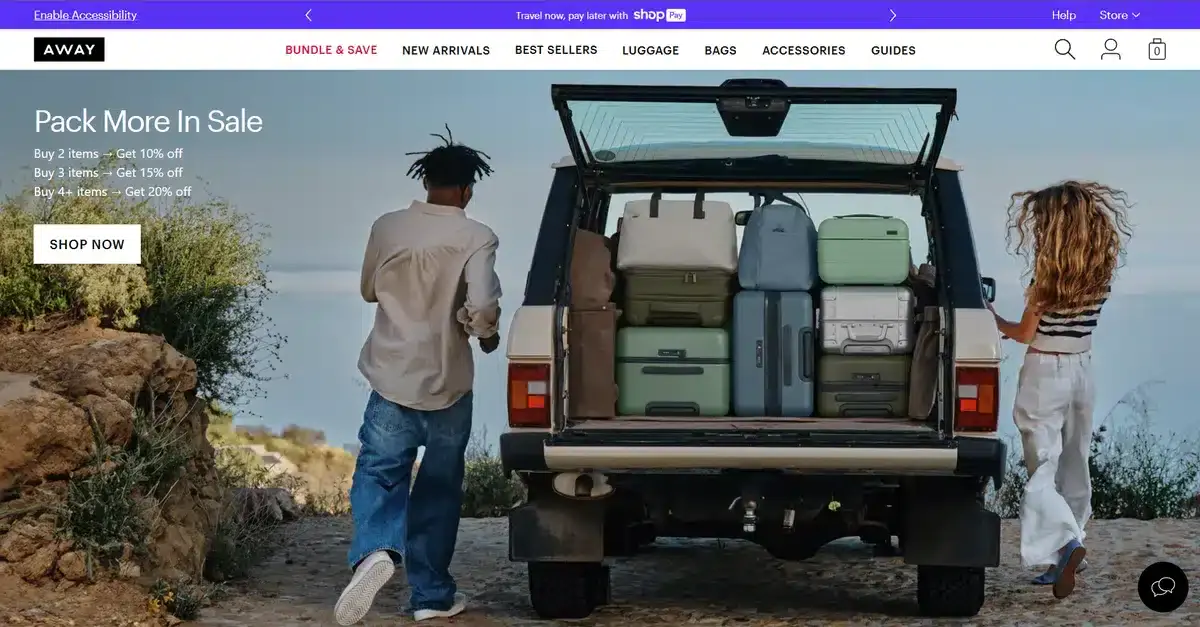 Away business website showing their product in trunk of a truck