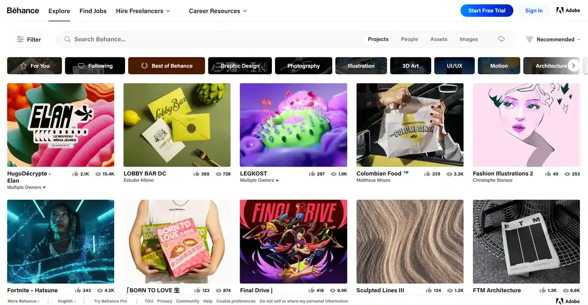 Behance business website showcasing different work from creators