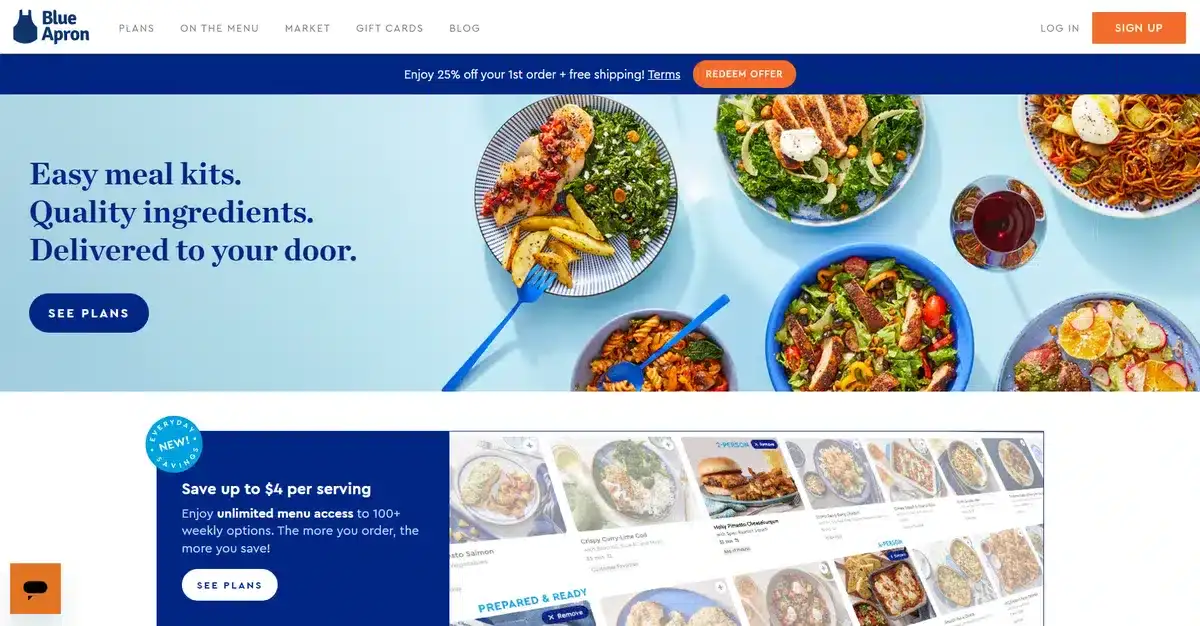 Blue Apron business website showing their latest meal plans