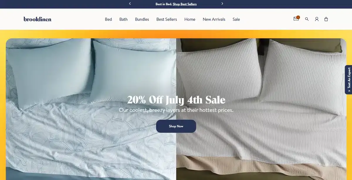 Brooklinen business website showcasing some of their bedsheets