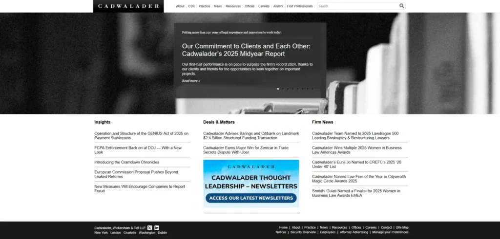 Cadwalader website showcasing the latest news and cases