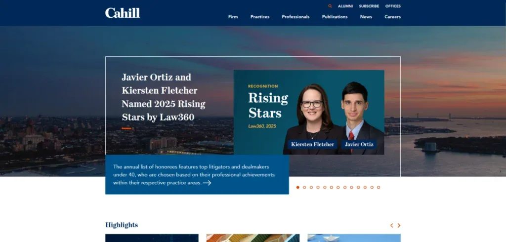 Cahill and Gordon website showing their latest news and achievements