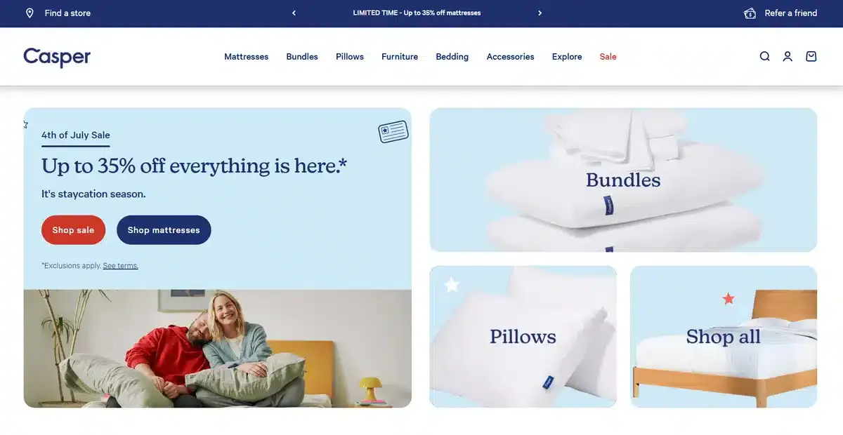 Casper business website showing all of their product categories