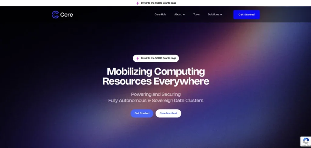 Cere Network homepage prompting new users to click on the CTA