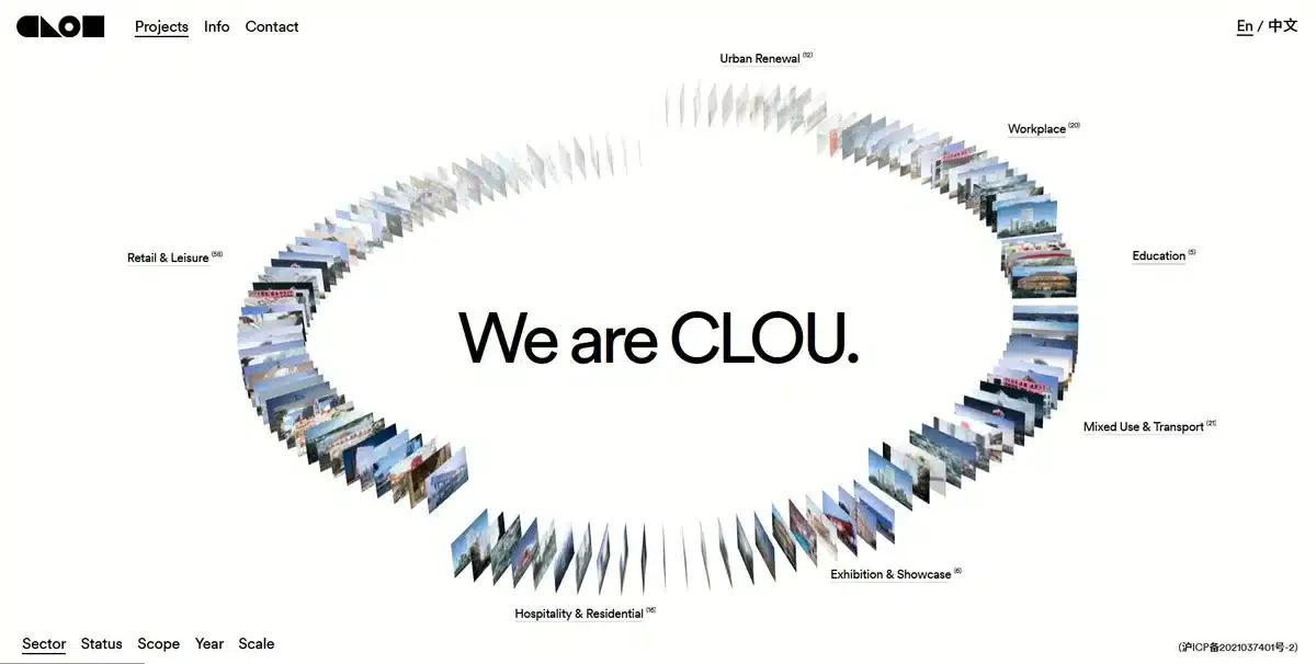 Clou Architech's website showing all of their previous work in a 3d model