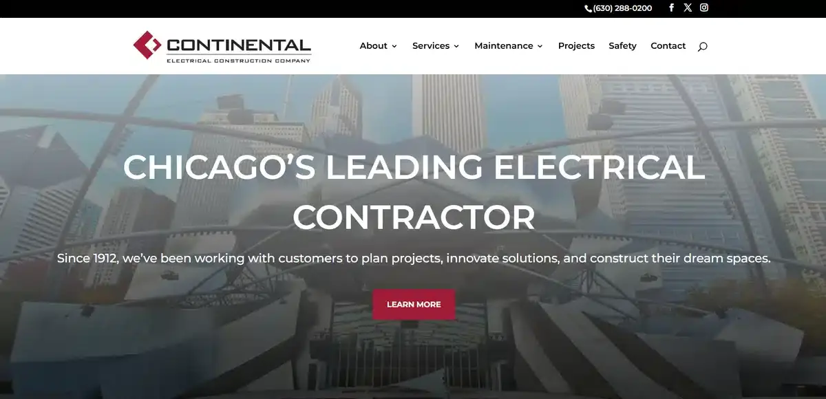 Continental Electrical Construction Company website showing their expertise and heritage on their homepage