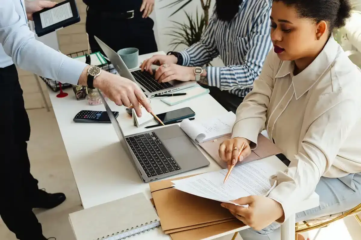 Coworkers discussing brand design and how they can improve it