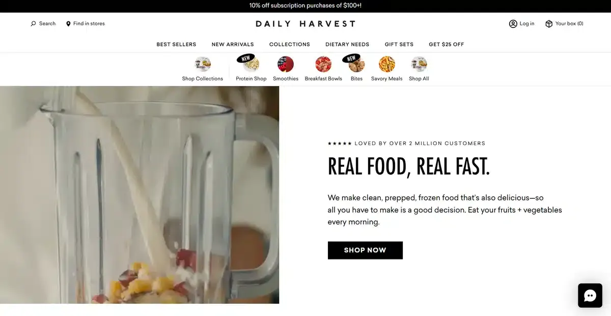 Daily Harvest business website showing their product being poured into a blender