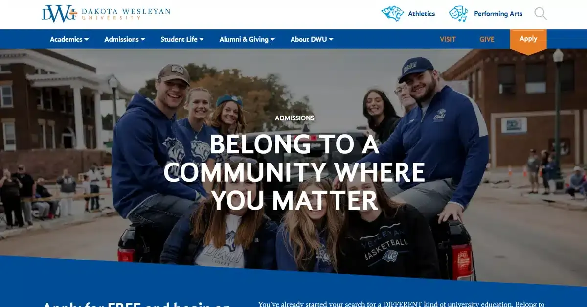 Dakota Wesleyan University's website showing students posing for a photo