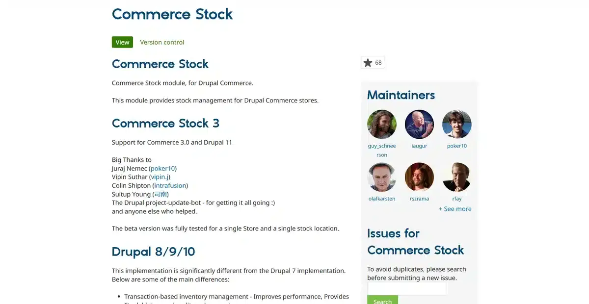Drupal module Commerce Stock page explaining the module version