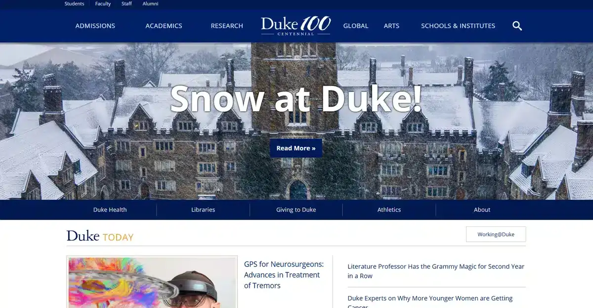 Duke University's website showing their facilities covered in snow mid winter