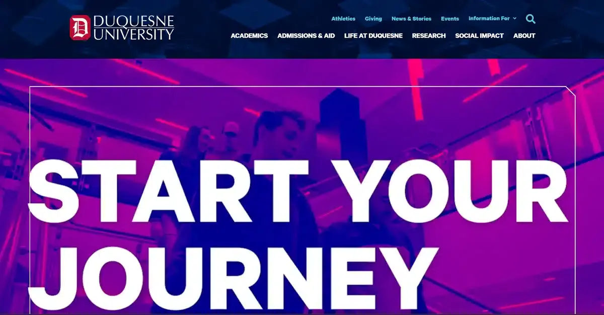Duquesne's university website showing a magenta tinted hero image with the text saying "start your journey" in bold letters