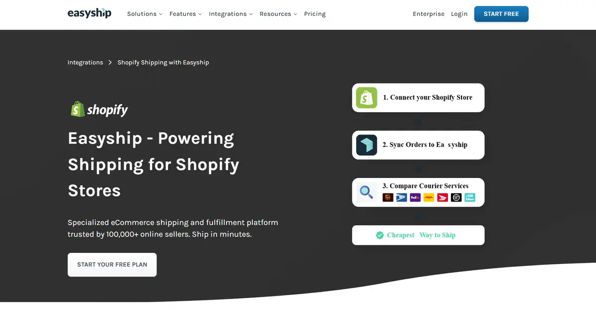 EasyShip's business website showcasing the process needed to integrate their plugin to your store