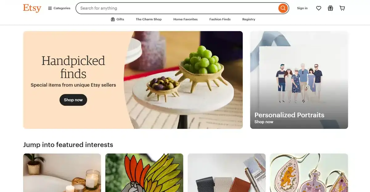Etsy business website showing different products depending on interests