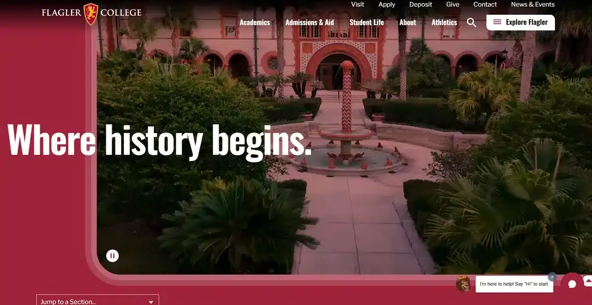 Flagler College's Website showing their campus in red tinted hero image