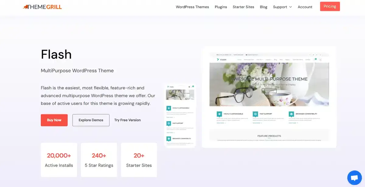 Flash's business website showing their best WordPress themes