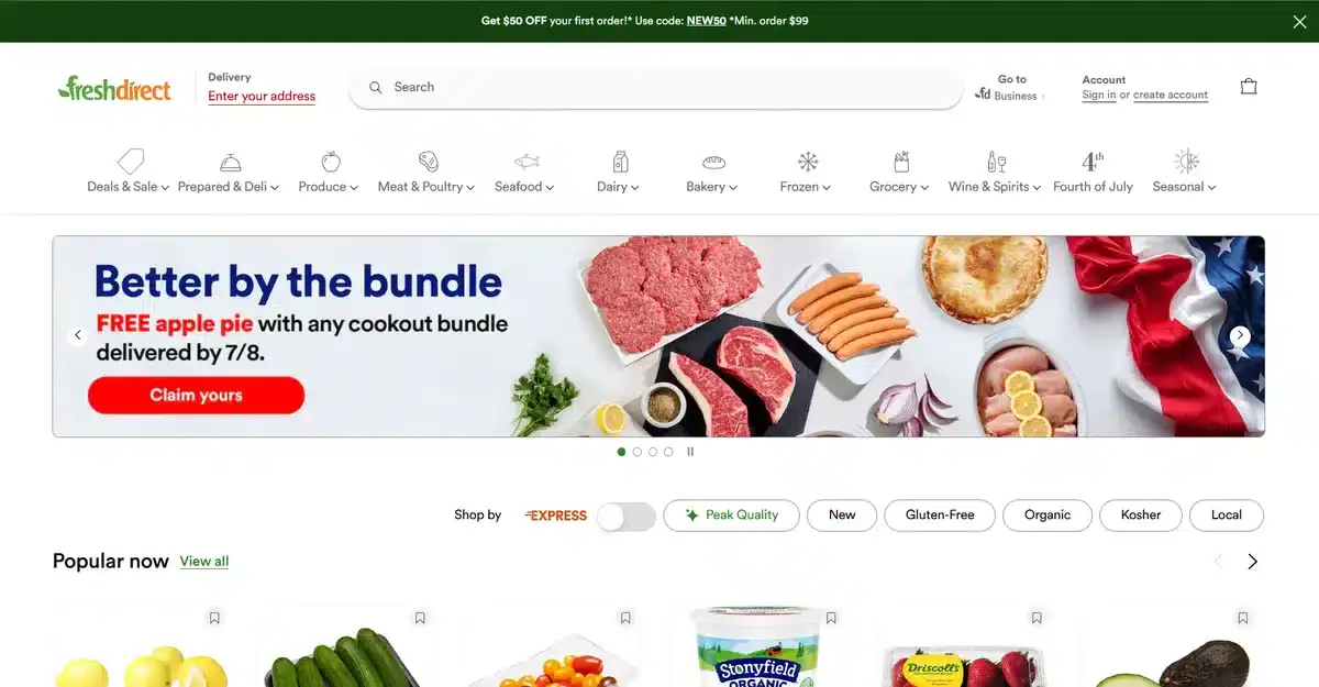Freshdirect business website showing what they offer for orders