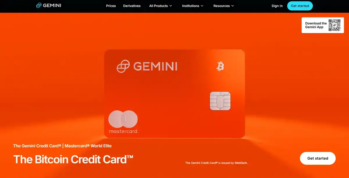 Gemini business website showing their new credit card