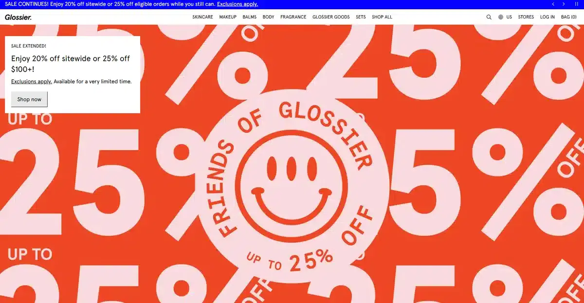 Glossier business website showing their latest sale
