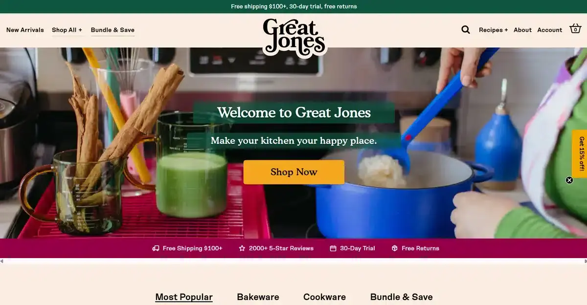 Great Jones business website showing their premium pots and kitchen utensils