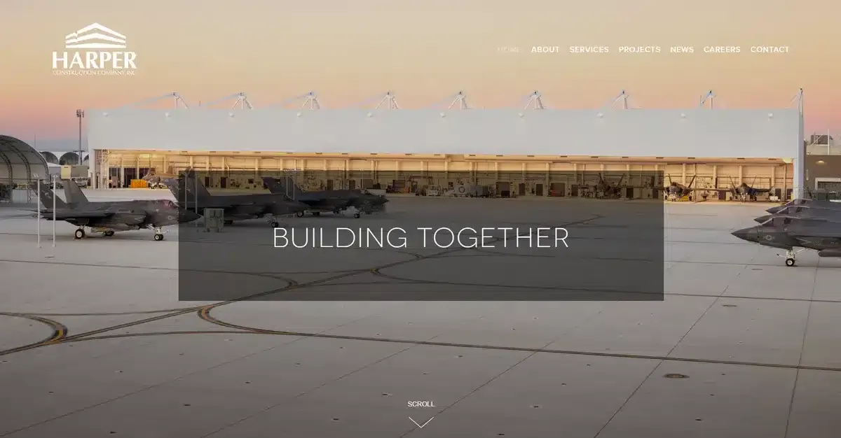 Harper Construction website showcasing their aviation project as a full screen image