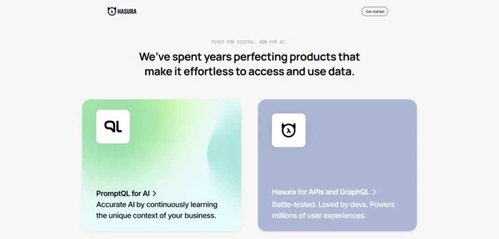 Hasura homepage showing their two services