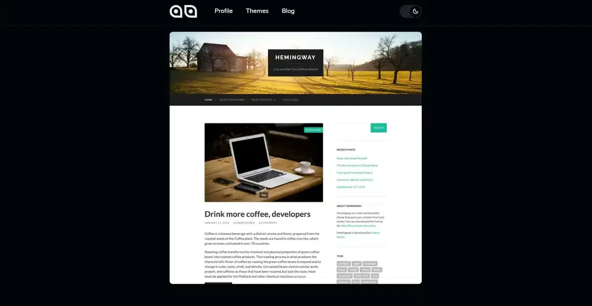 Hemingway's business website showcasing their WordPress theme design