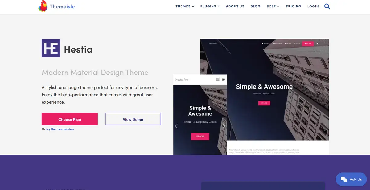Hestia's business website showcasing their WordPress theme