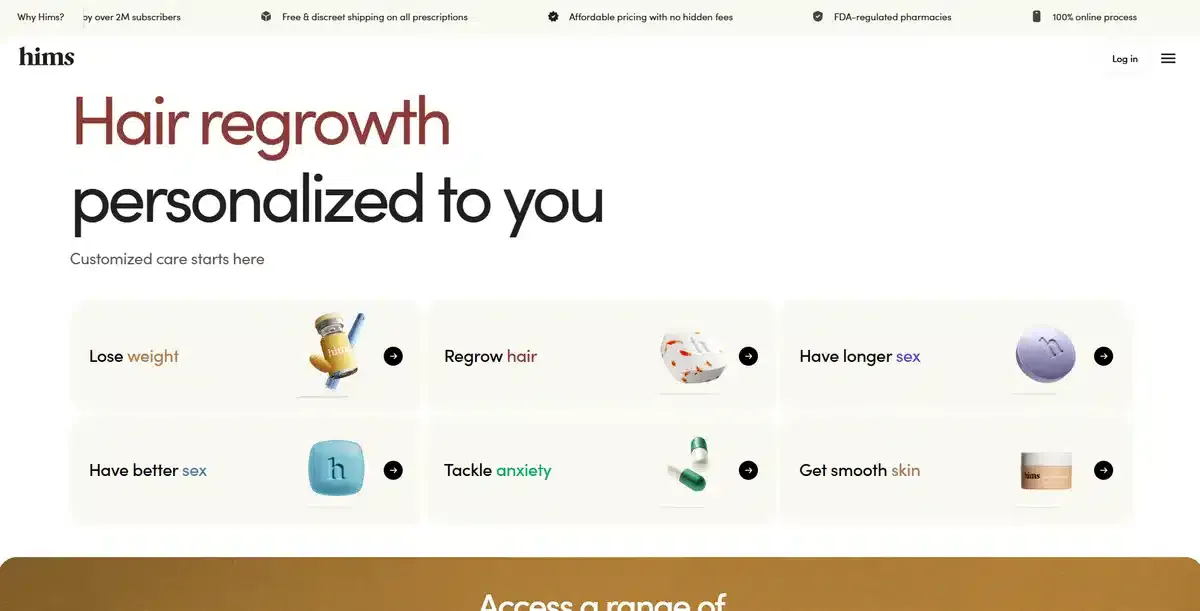 Him's business website showing all of their latest plans