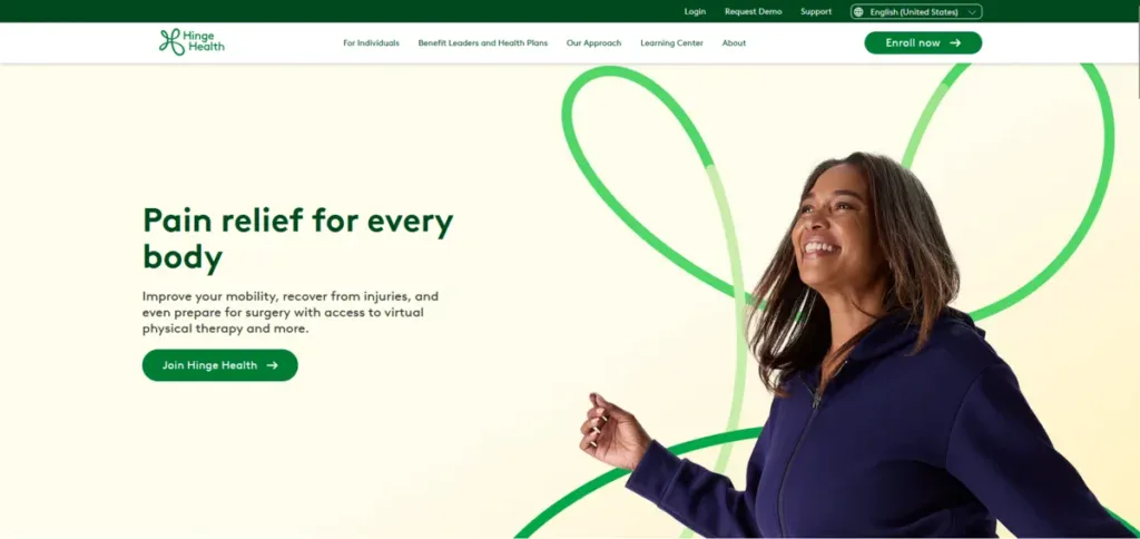 Hinge health homepage showing what they can do for customers