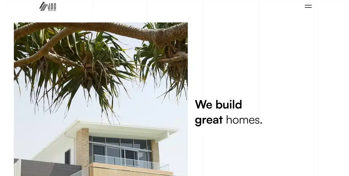 JDG Construction website with a minimalist homepage showing a house project