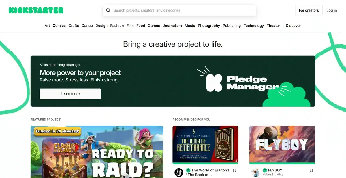 Kickstarter business website showing the latest projects