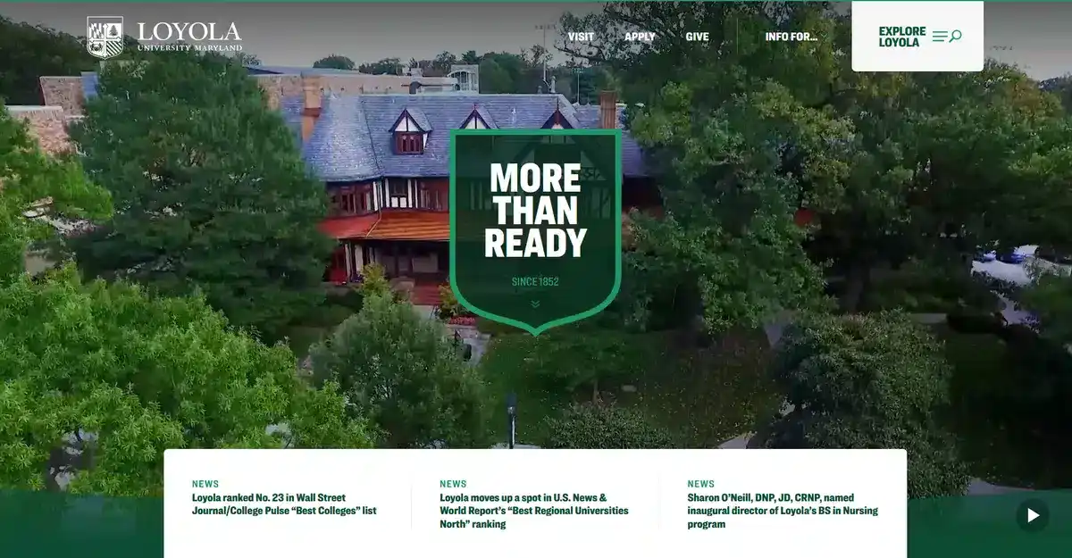 Loyola's University of Maryland website showing a bird's eye view of the campus