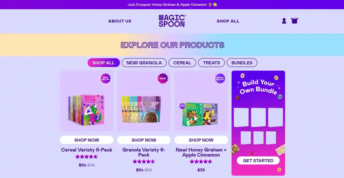 Magic Spoon's website showing all of their most popular products