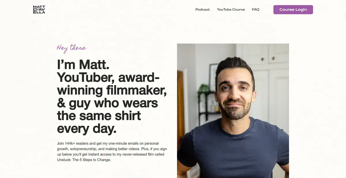 Matt D'Avella's business website explaining Matt's goal and mission statement as a YouTuber