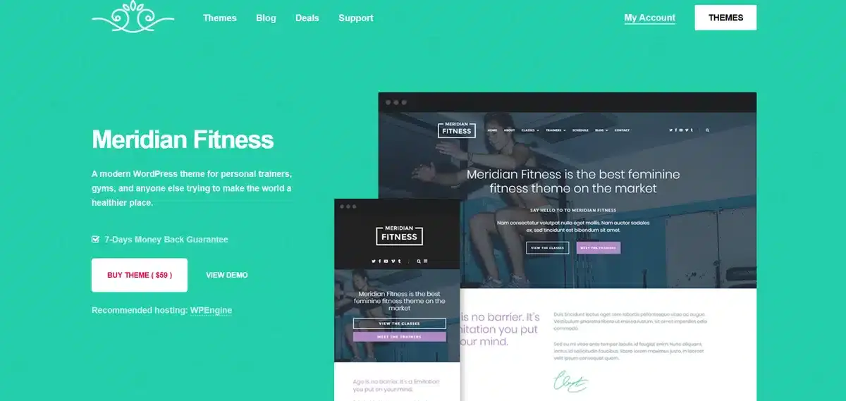 Meridian's fitness business website showcasing how their WordPress theme looks on mobile and PC