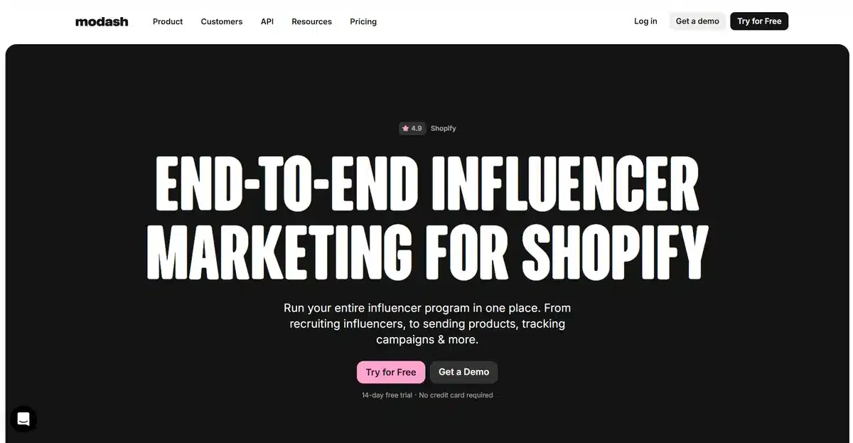 Modash B2B website with big bold lettering explaining what they can do for your brand