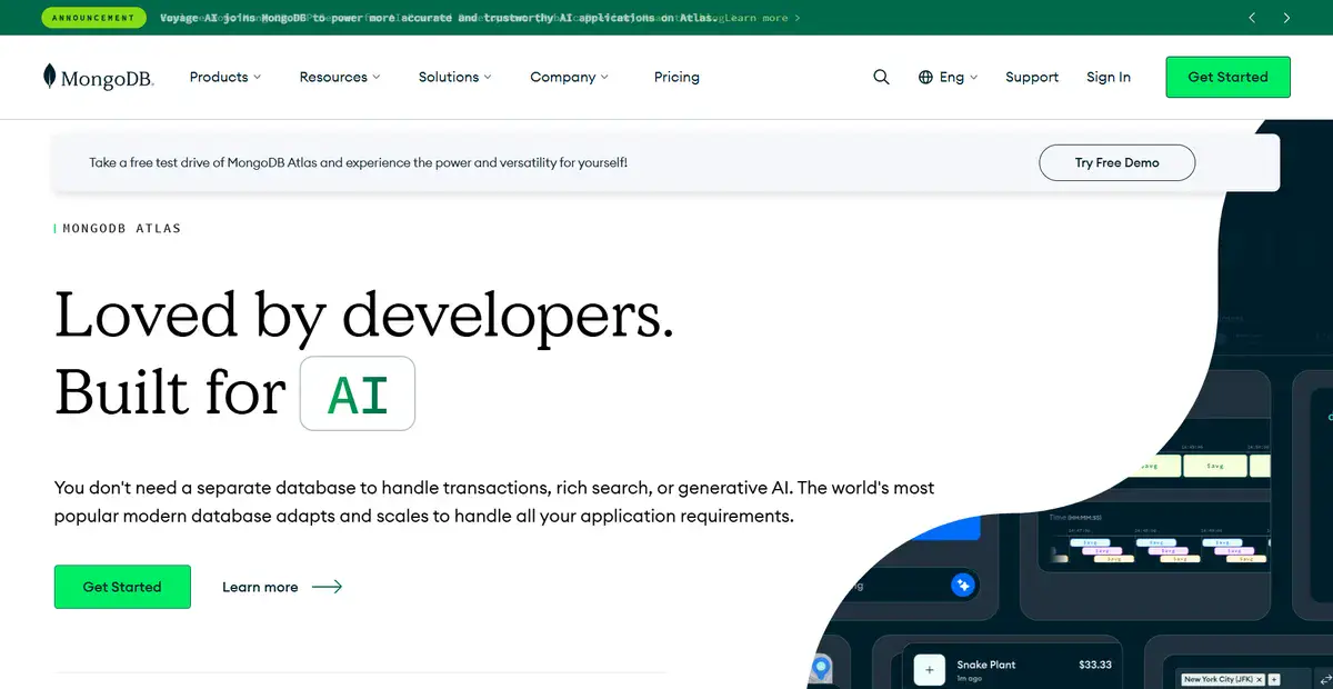 MongoDB business website explaining what they offer clients