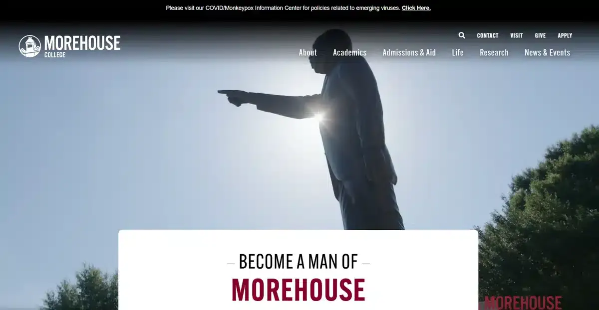 Morehouse College's website showing a statue in the middle of their campus