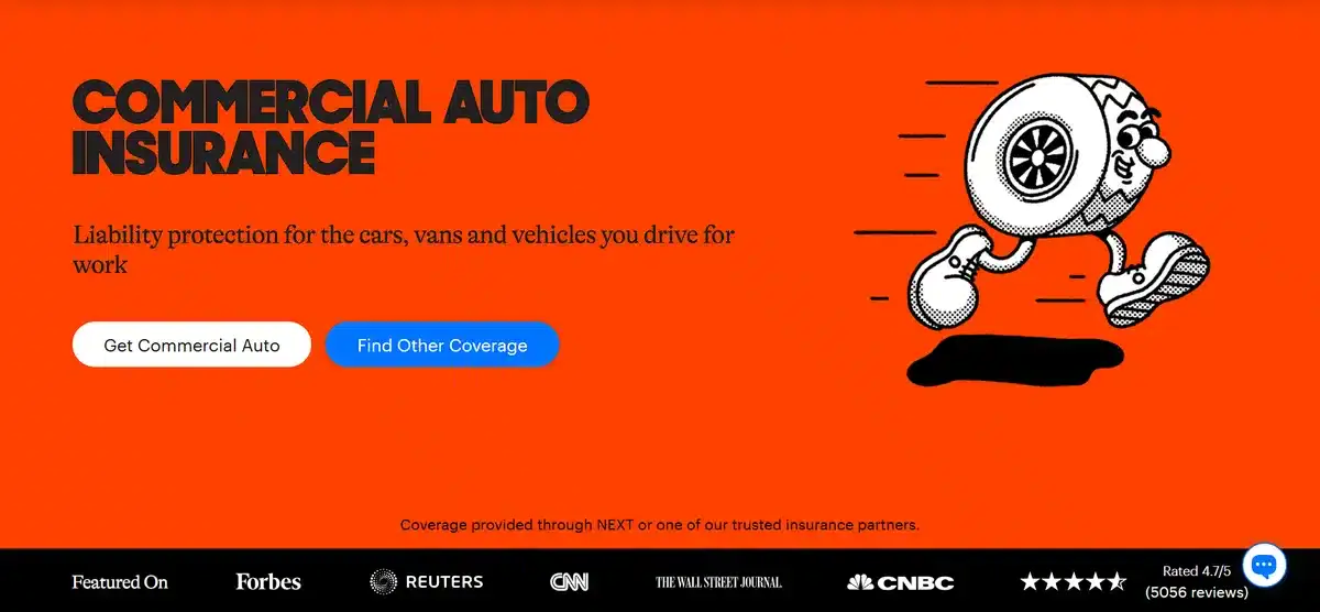 Next Insurance business website showcasing their service page and what they offer clients