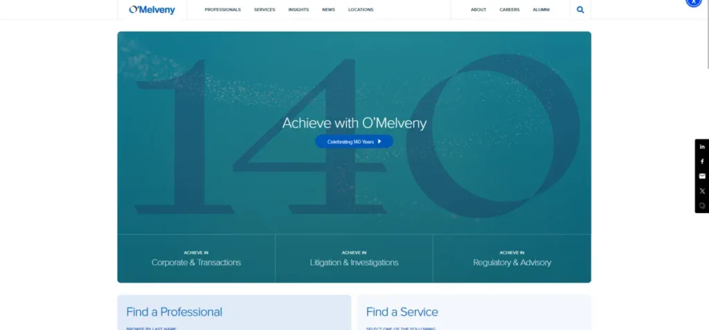OMelveny website celebrating their 140th anniversary