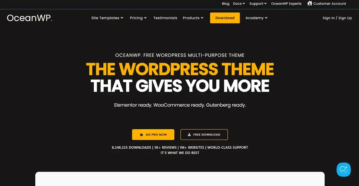 OceanWP's business website explaining why you should buy their WordPress theme