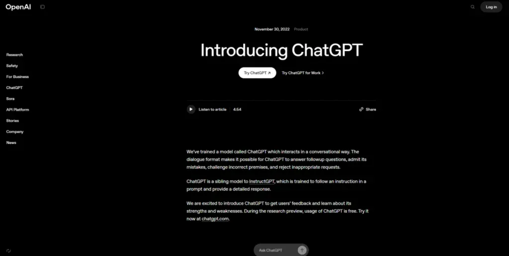 OpenAI homepage explaining what their service does